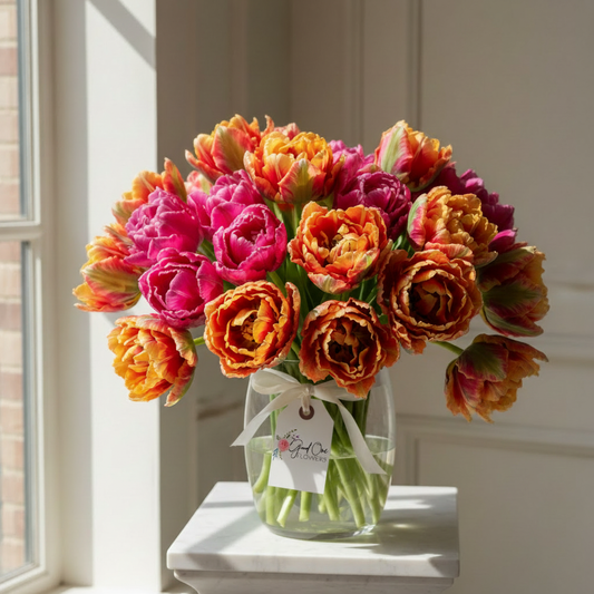 Parrot Tulips with Good One Flowers Logo Tag