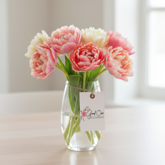 Peony Tulips in Vase with Good One Flowers Logo